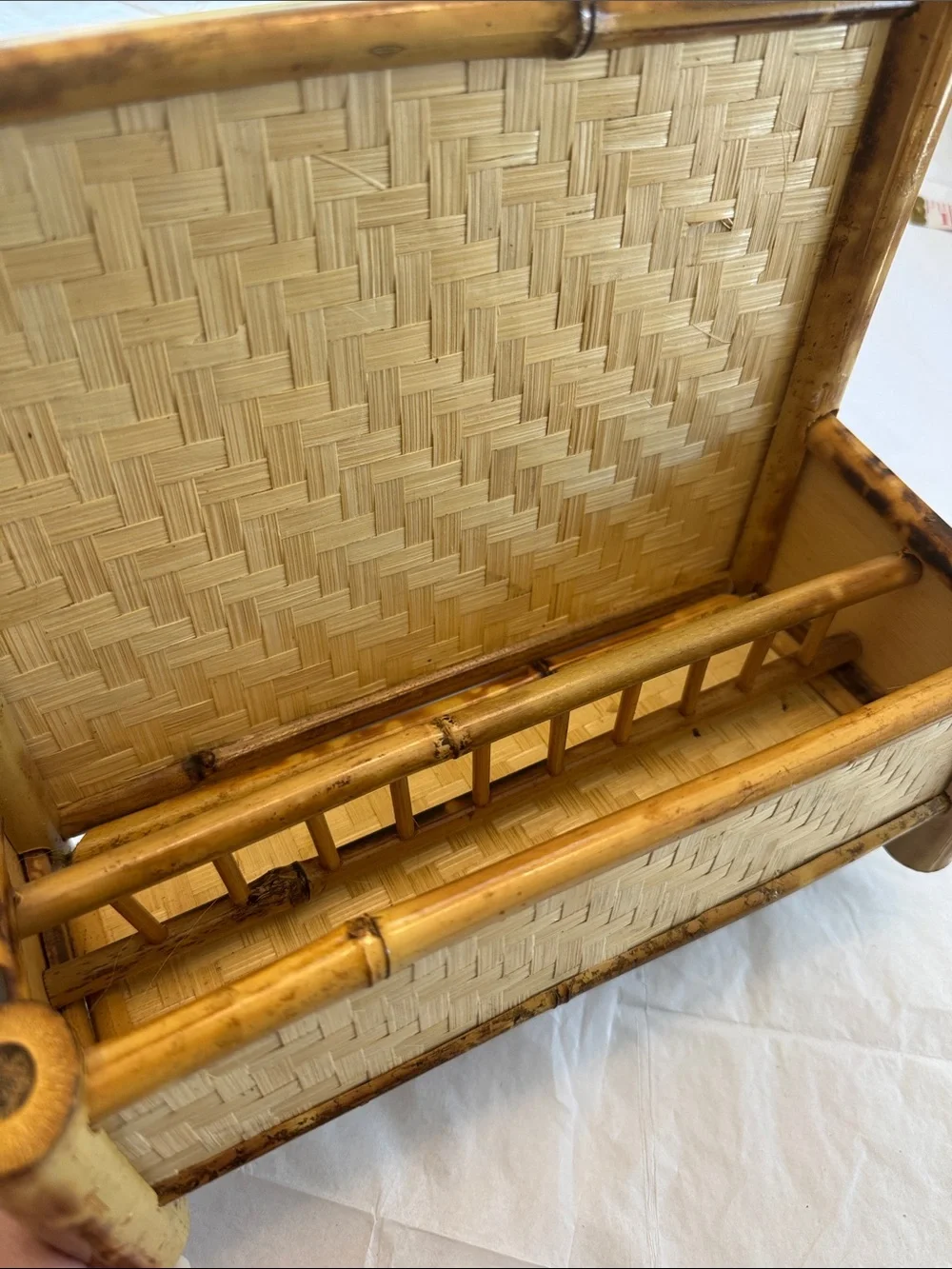 Vintage Burnt Tortoise/Tiger Bamboo Woven Rattan Bench Boho Mail Holder